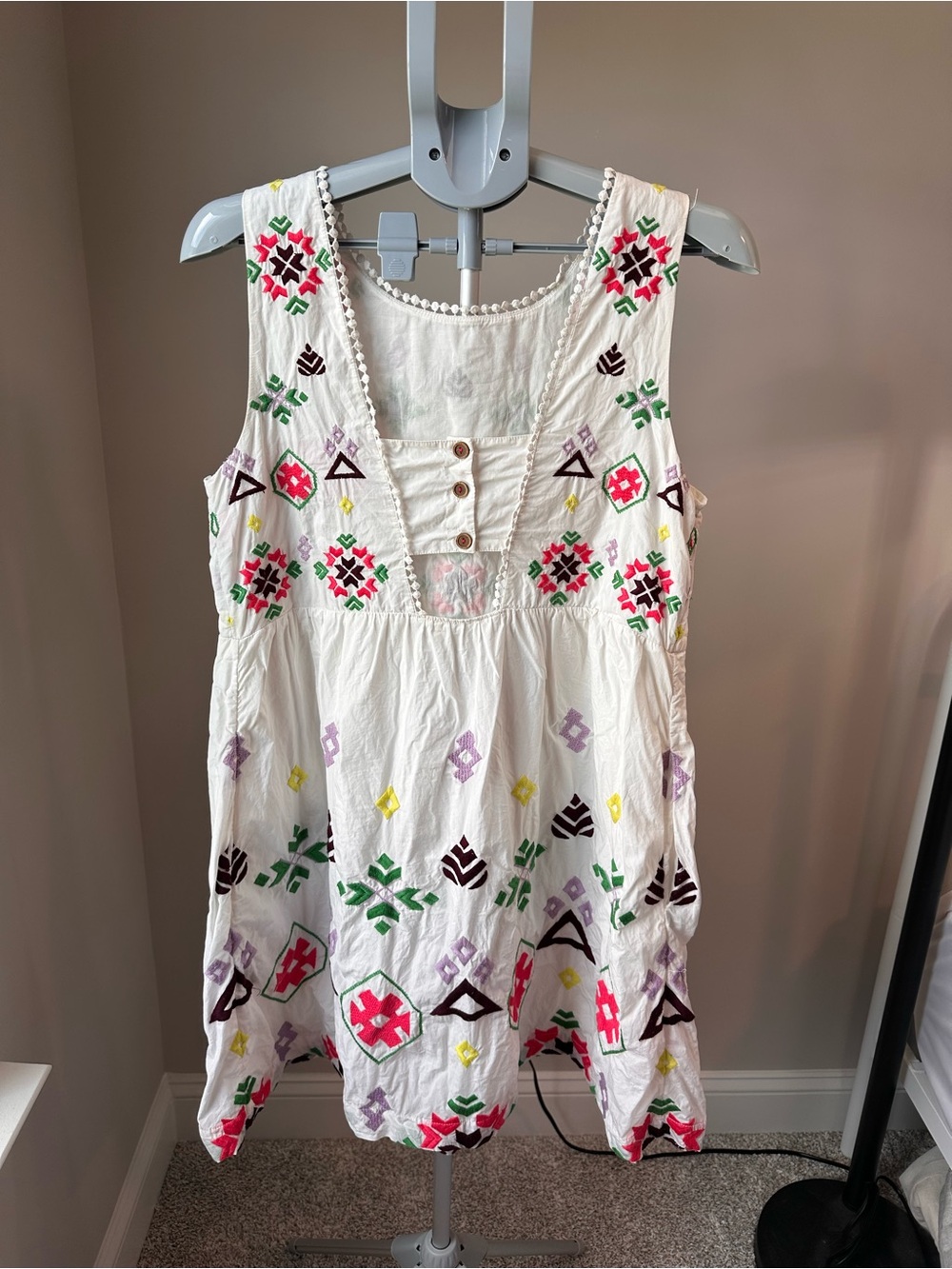 Anthropologie Dolly Geometric Embroidered Cotton Mini Sun Dress Back Button L - Picture 3 of 8